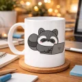 BUĞZ Laptoplu Sevimli Rakun Desenli Porselen Kupa MODEL 114 – Ofis İçin Eğlenceli Kahve Kupası , Çalışanlara Özel Tatlı Hediye