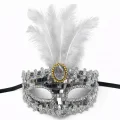 BUĞZ Lüks Gümüş Tüylü Taşlı Balo Maskesi