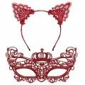  Lüks Kırmızı Dantel Taçlı Maske Seti 2 No - Parti, Balo, Kostüm Aksesuarı