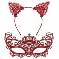 BUĞZ Lüks Kırmızı Dantel Taçlı Maske Seti 2 No - Parti, Balo, Kostüm Aksesuarı