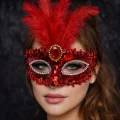 BUĞZ Lüks Kırmızı Tüylü Taşlı Balo Maskesi