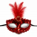 BUĞZ Lüks Kırmızı Tüylü Taşlı Balo Maskesi