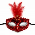 BUĞZ Lüks Kırmızı Tüylü Taşlı Balo Maskesi
