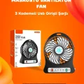  Mini Vantilatör Masaüstü – USB Girişli, Şarjlı, 3 Kademe, Sessiz Motor, Işıklı