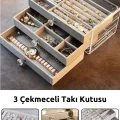  Modern Gri 3 Çekmeceli Takı Bijuteri Mücevher Kutusu Organizer Düzenleyici Şeffaf 13 X 23 X 10 Cm