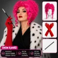 BUĞZ Neon Bukleli Pembe Peruk Uzun Kumaş Kırmızı Eldiven Ve  Tutucu Seti (3 Parça)