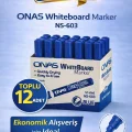 BUĞZ ONAS Whiteboard Marker NS-603 Mavi Tahta Kalemi 3 mm Yuvarlak Uç 12 Adet