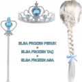  Örgülü Karlar Ülkesi Frozen Elsa Peruğu Tacı ve Sopası Çocuk Boy