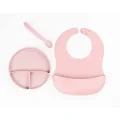 BUĞZ Pembe 3’lü Silikon Yemek Seti – Önlük + Diş Kaşıyıcılı Kaşık + Vakumlu Tabak