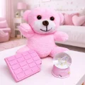 BUĞZ Pembe Peluş Ayıcık, Kar Küresi Ve Pembe Çikolata Not Defteri Hediye Seti