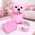 BUĞZ Pembe Peluş Ayıcık, Kar Küresi Ve Pembe Çikolata Not Defteri Hediye Seti
