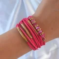 BUĞZ Pembe Renk Zirkon Taşlı Metal Aksesuarlı İpli Çoklu Bileklik