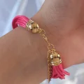 BUĞZ Pembe Renk Zirkon Taşlı Metal Aksesuarlı İpli Çoklu Bileklik