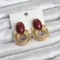 BUĞZ Pirinç Gold Renk Bordo Taşlı Vintage Kadın Küpe