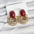 BUĞZ Pirinç Gold Renk Bordo Taşlı Vintage Kadın Küpe