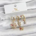 BUĞZ Pirinç Gold Renk Çiçek Model 3lü Kadın Küpe