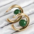 BUĞZ Pirinç Gold Renk Halka Model Yeşil Boncuk Detay Kadın Küpe