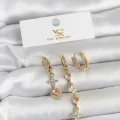BUĞZ Pirinç Gold Renk Pembe Zirkon Taşlı 3lü Kadın Küpe