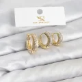 BUĞZ Pirinç Gold Renk Zirkon Taşlı Halka Model YSX Trio Küpe Seti