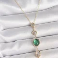 BUĞZ Pirinç Zincir Zümrüt Yeşil Gold Renk Zirkon Taşlı Y Kolye