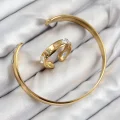 BUĞZ Pirinç Zirkon Taşlı Ayrık Model Gold Renk Bileklik Yüzük Set - Lisinya