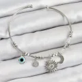BUĞZ Pirinç Zirkon Taşlı Güneş Ay Ve Nazar Model Gümüş Renk Charm Bileklik