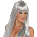BUĞZ Platin Gri Gümüş Renk Uzun Parti Peruğu Uzun Takma Peruk - BUĞZ