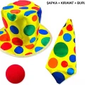 BUĞZ Renkli Palyaço Kostüm Seti – 3 Parça Aksesuar (şapka, Kravat, Burun)