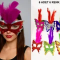 BUĞZ Renkli Parti Maskesi 6lı | Tüylü Karton Maske Seti (Lastikli)