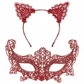 BUĞZ Romantik Kırmızı Dantel Maske Seti – Kedi Kulaklı Taç ve Maske 3 No