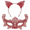 BUĞZ Romantik Kırmızı Dantel Maske Seti – Kedi Kulaklı Taç Ve Maske 3 No
