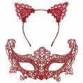 BUĞZ Romantik Kırmızı Dantel Maske Seti – Kedi Kulaklı Taç ve Maske No 3