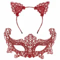 BUĞZ Romantik Kırmızı Dantel Maske Seti – Kedi Kulaklı Taç ve Maske No 3