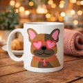 BUĞZ Sevimli French Bulldog Desenli Porselen Kupa Model 48 – Kalpli Gözlüklü Köpek Tasarımı, Hediye Kupa, Kahve & Çay Kupası