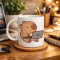 BUĞZ Sevimli Kapibara Laptop Tasarımlı Porselen Kupa MODEL 103 – Ofis & Ev İçin Sıcak Kahve Kupası Hediye Fikirleri