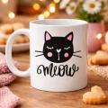 BUĞZ Sevimli Kedi Desenli Porselen Kupa MODEL 63 – “Meow” Yazılı Kahve & Çay Keyfi İçin Tatlı Tasarım