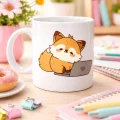 BUĞZ Sevimli Tilki Tasarımlı Porselen Kupa MODEL 115 – Laptoplu Tatlı Tilki Figürlü Ofis & Ev Kullanımı İçin Kahve Kupası