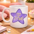 BUĞZ Shine Like a Star – Motivasyon Mesajlı Mor Yıldız Tasarımlı Porselen Kupa MODEL 122 , Günlük Kullanım & Hediye Kupası