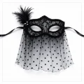 BUĞZ Siyah Dantel Tüllü Peçeli Parti Maskesi - Tüylü İnci Detaylı