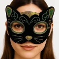 BUĞZ Siyah Kadife Kaplama Üzeri Sarı Yeşil Sim İşlemeli Kedi Maskesi 20x13 cm