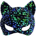  Siyah Kadife Kumaş Üzerine Mavi Yeşil Payetli Pullu Parti Maskesi 16x14 cm