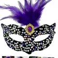BUĞZ Siyah Kadife Payetli Pullu Mor Tüylü Parti Maskesi