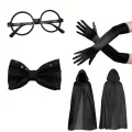 BUĞZ Siyah Kapüşonlu Büyücü ve Cadı Pelerin Kostüm Seti (4 Parça)
