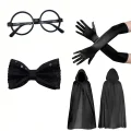 BUĞZ Siyah Kapüşonlu Büyücü Ve Cadı Pelerin Kostüm Seti (4 Parça)