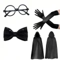 BUĞZ Siyah Kapüşonlu Büyücü ve Cadı Pelerin Kostüm Seti (4 Parça)