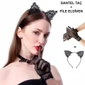  Siyah Kedi Dantel Taç + Eldiven Seti – Parti, Dans ve Kostüm Kombini