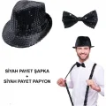  Siyah Payetli Şapka ve Papyon Seti – Parıltılı Yetişkin Kostüm Seti