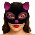BUĞZ Siyah Renk Fuşya Simli Süet Kaplama Kedi Maskesi 18x14 cm