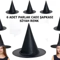 BUĞZ Siyah Renk Parlak Dralon Cadı Şapkası Yetişkin ve Çocuk Uyumlu 6 Adet