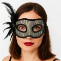 BUĞZ Siyah Renk Yandan Tüylü Pul Payet İşlemeli Parti Maskesi 23x12 cm